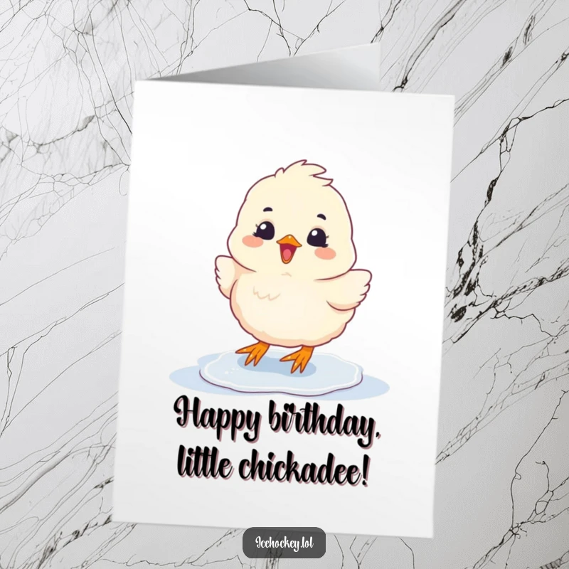 Funny Free Printable Birthday Card: A fluffy chick slides on ice with pure glee, spreading birthday wishes.