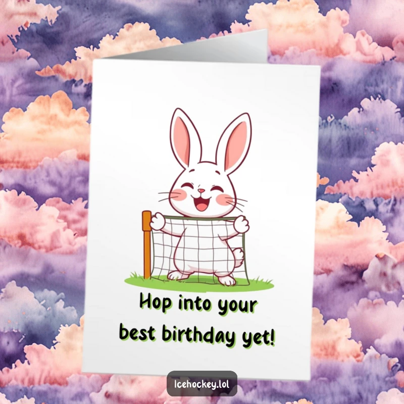 Funny Free Printable Birthday Card: Cheerful Rabbit in Goalie Gear Defending a Miniature Net with Utmost Joy