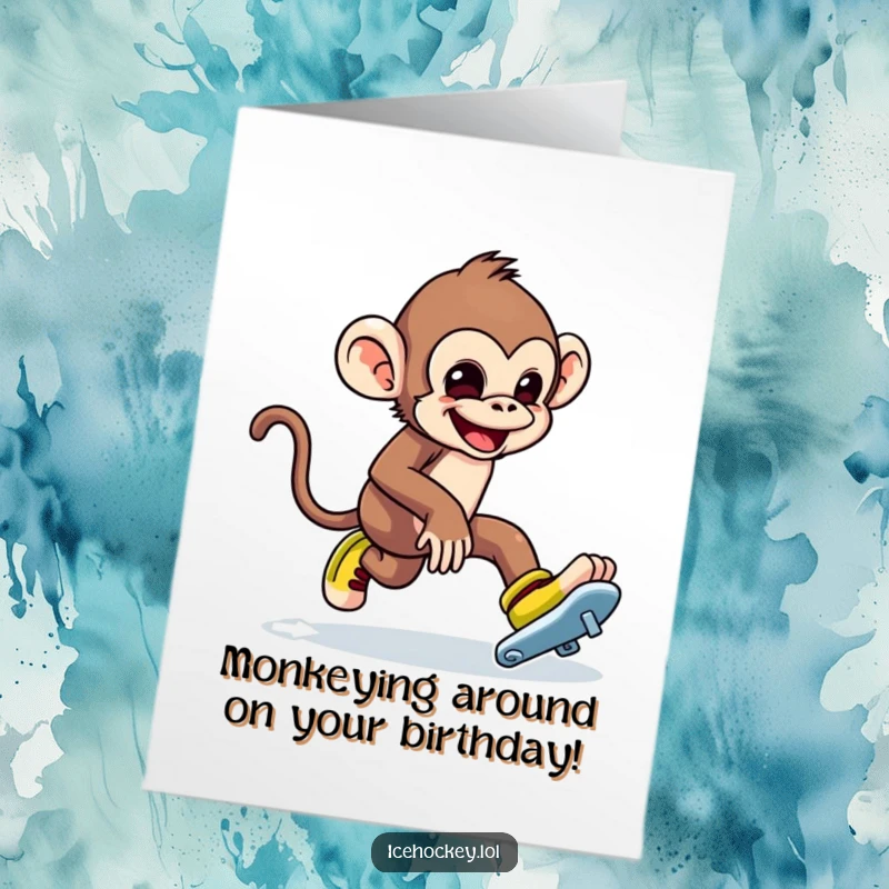 Funny Free Printable Birthday Card: Mischievous monkey tripping over its own skates, a comical DIY birthday greeting