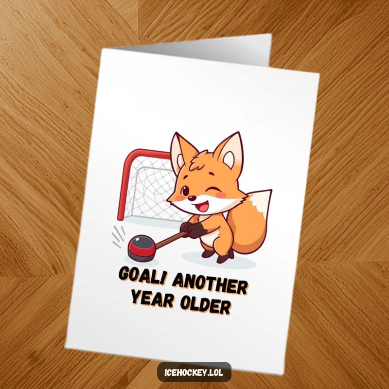 Funny Free Printable Birthday Card: Smiling fox hockey player shooting a puck with determination, ready to celebrate.