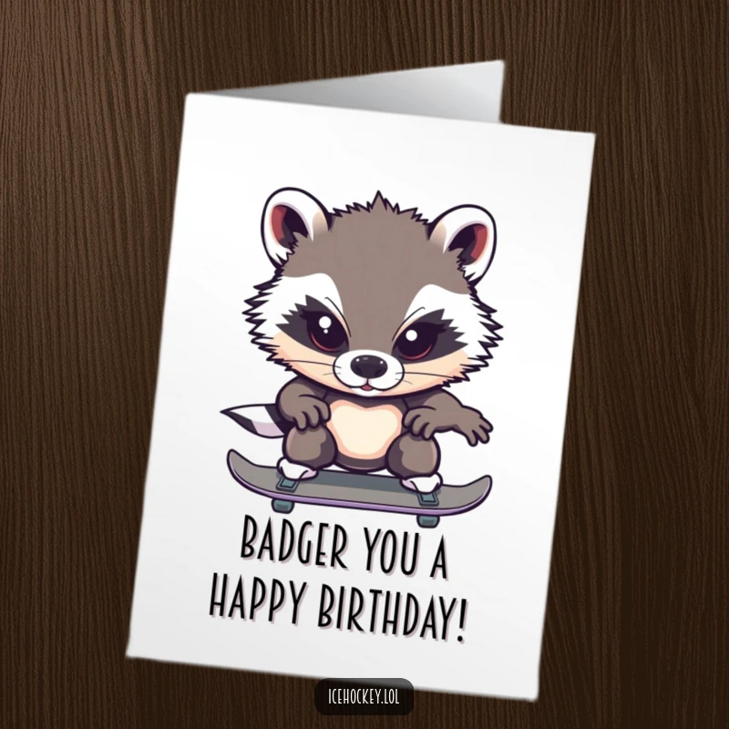 Funny Free Printable Birthday Card: A brave badger skates with intense focus, a determined birthday wish.
