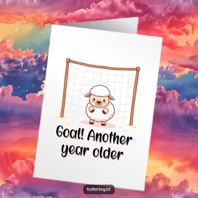 Funny Free Printable Birthday Card: A fluffy sheep stands guard, looking determinedly at an empty net, ready for a hilarious celebration.
