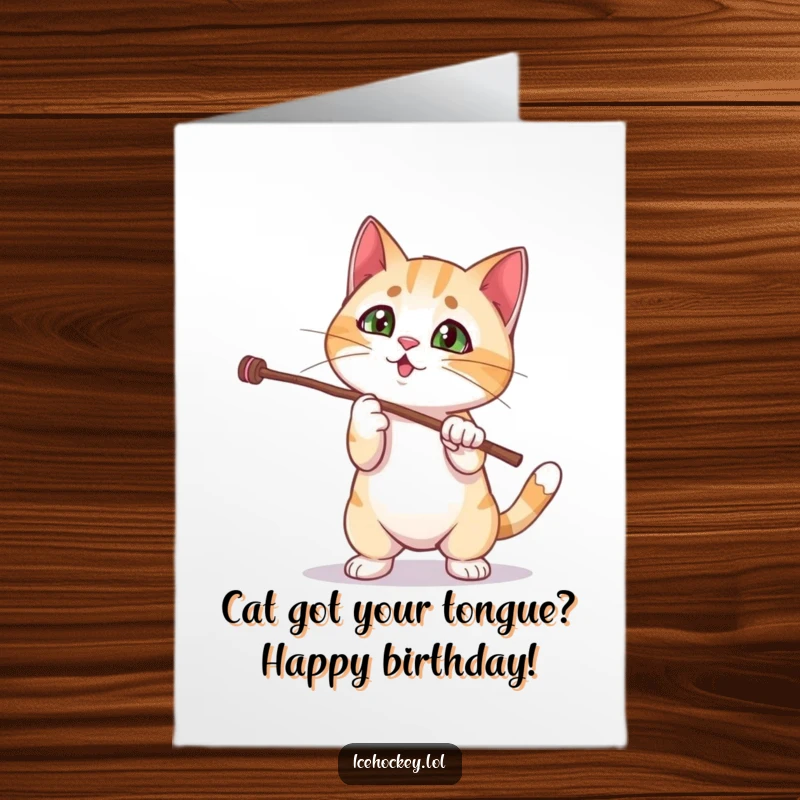 Funny Free Printable Birthday Card: A curious cat hilariously fumbles a fancy stick trick, perfect for birthday laughs.