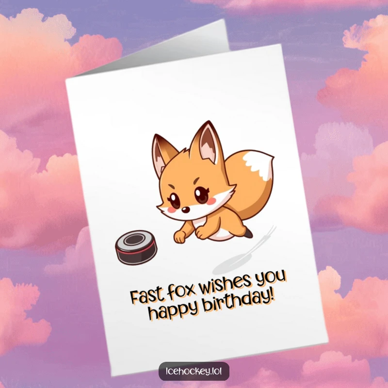 Funny Free Printable Birthday Card: A speedy fox in hockey gear chasing a puck with a huge grin.