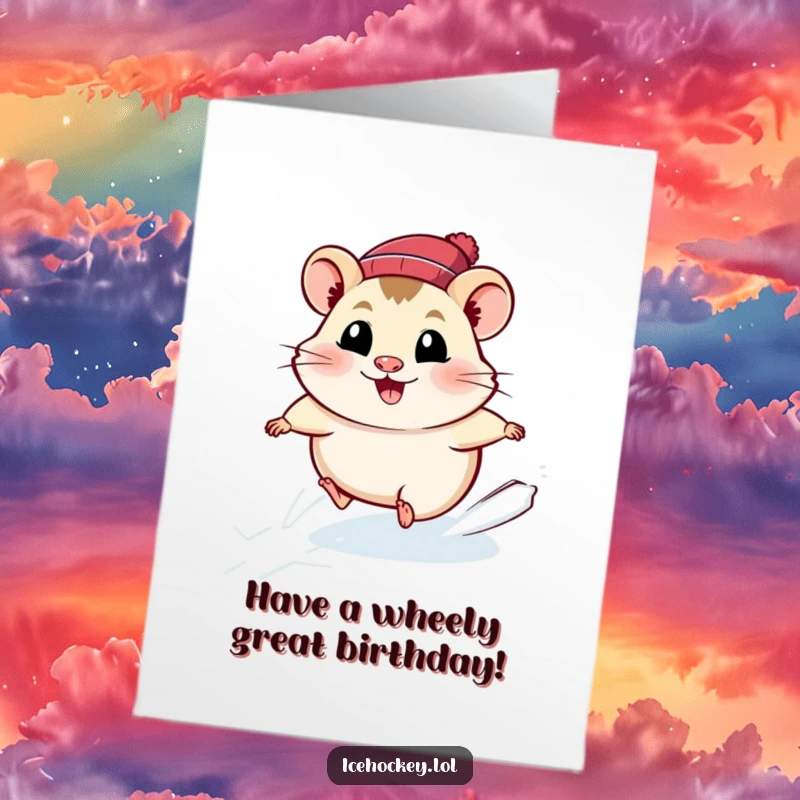 Funny Free Printable Birthday Card: A smiling hamster zooms across the ice with pure joy, a speedy celebration.