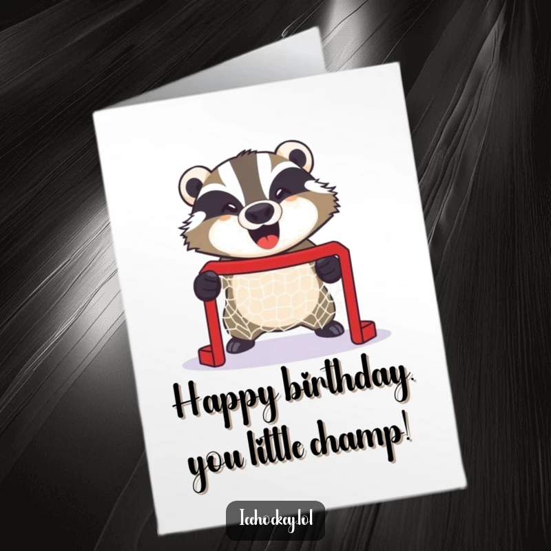 Funny Free Printable Birthday Card: A giggling badger fiercely guards a tiny hockey net with determination.