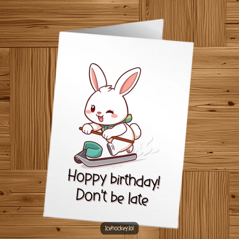 Funny Free Printable Birthday Card: Determined hockey bunny player smiling, gliding fast with a puck, ready to celebrate.