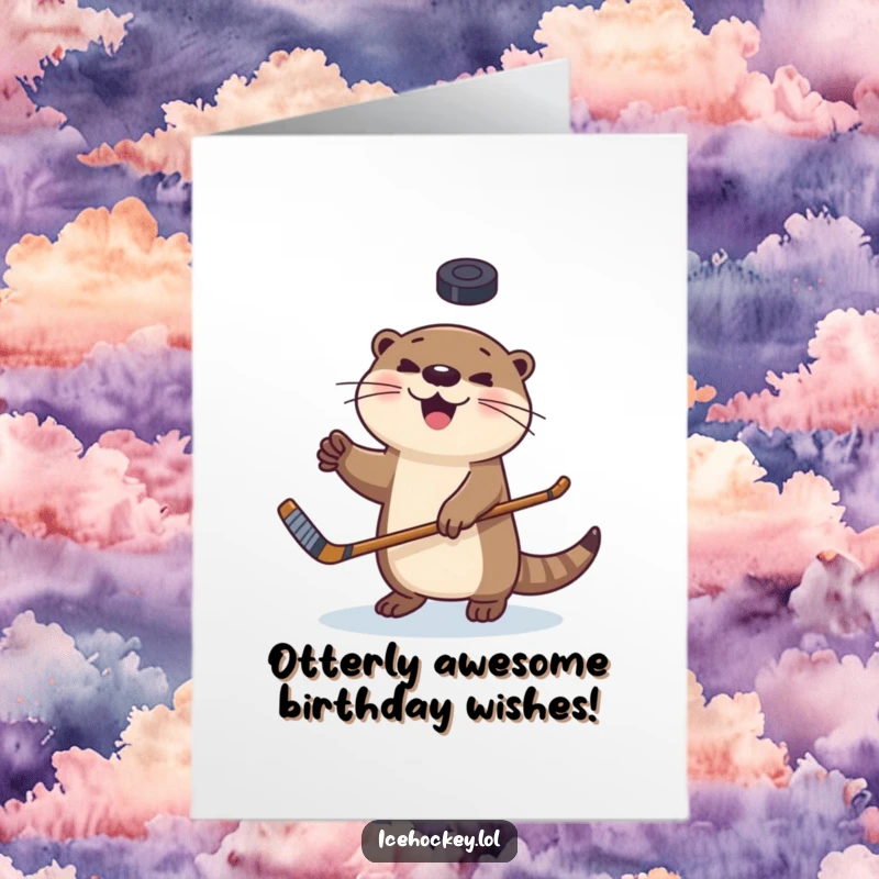 Funny Free Printable Birthday Card: A joyful otter expertly juggles a hockey puck while holding its stick, ready for birthday fun.