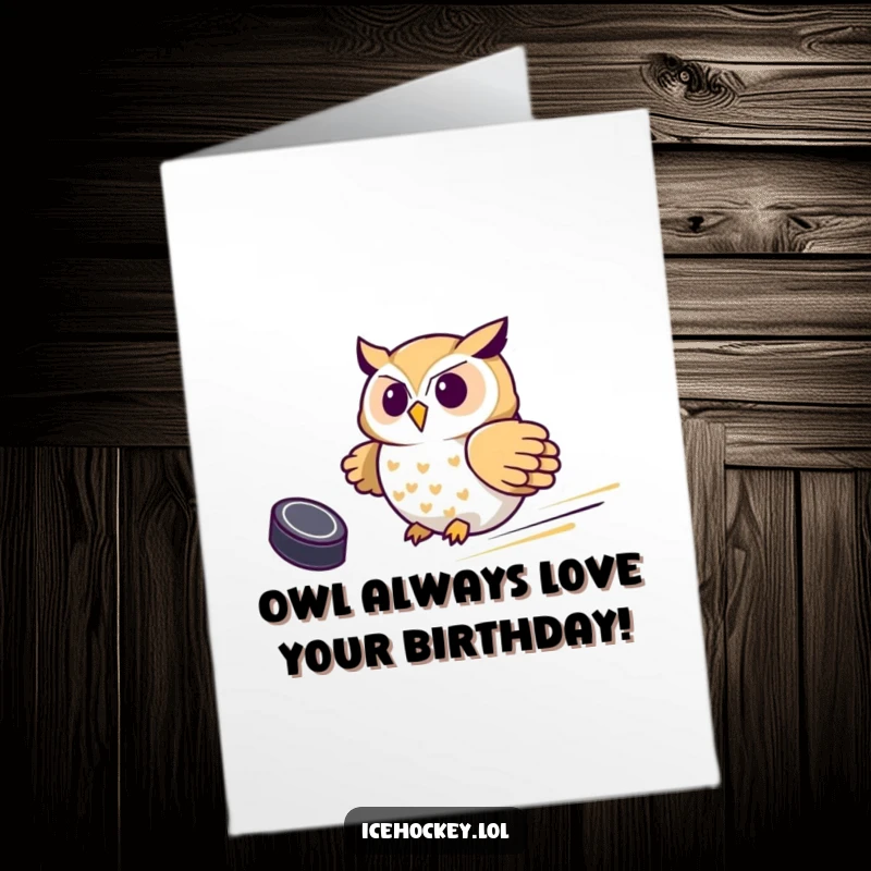 Funny Free Printable Birthday Card: Proud owl sliding swiftly on ice with a hockey puck at its feet.