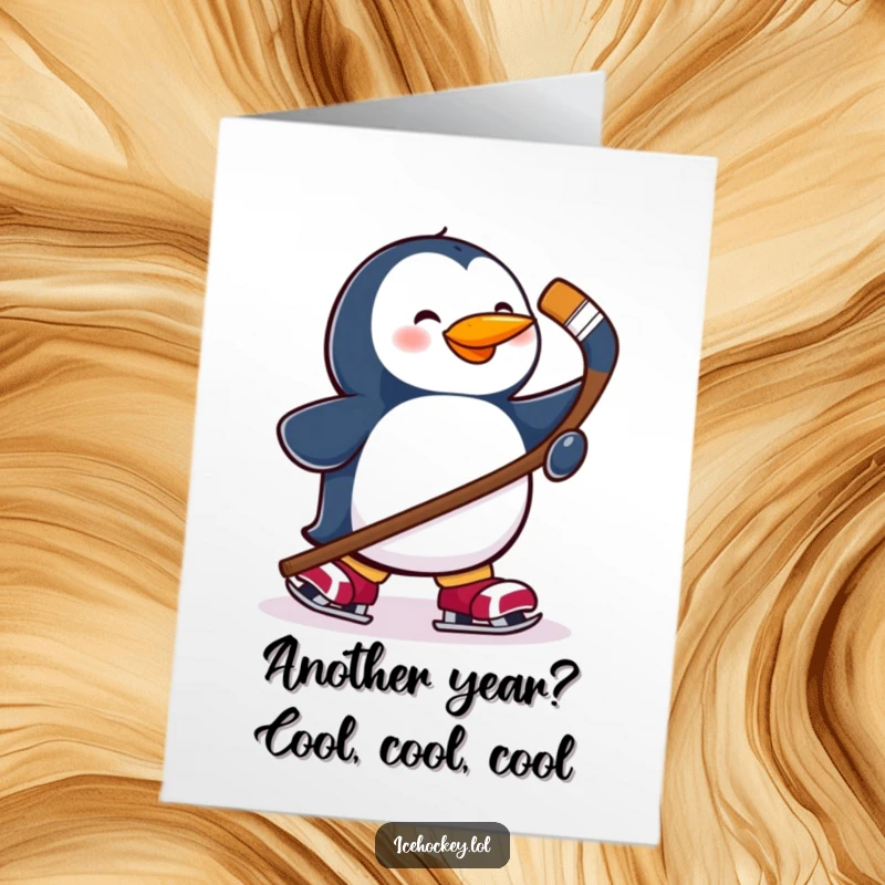 Funny Free Printable Birthday Card: A happy penguin wearing ice skates and holding a hockey stick, ready to celebrate a birthday.