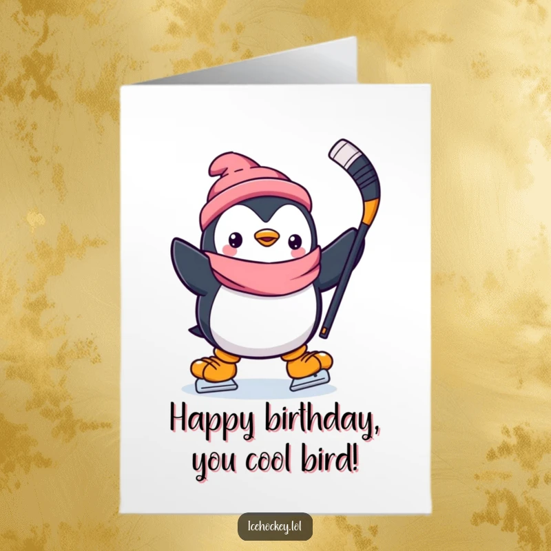 Funny Free Printable Birthday Card: A joyful penguin in hockey gear joyfully skates with a stick held high.