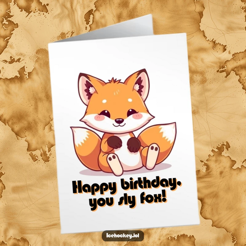 Funny free printable birthday card: A playful fox wearing tiny pads slides dramatically into a comical pose, ready to party.