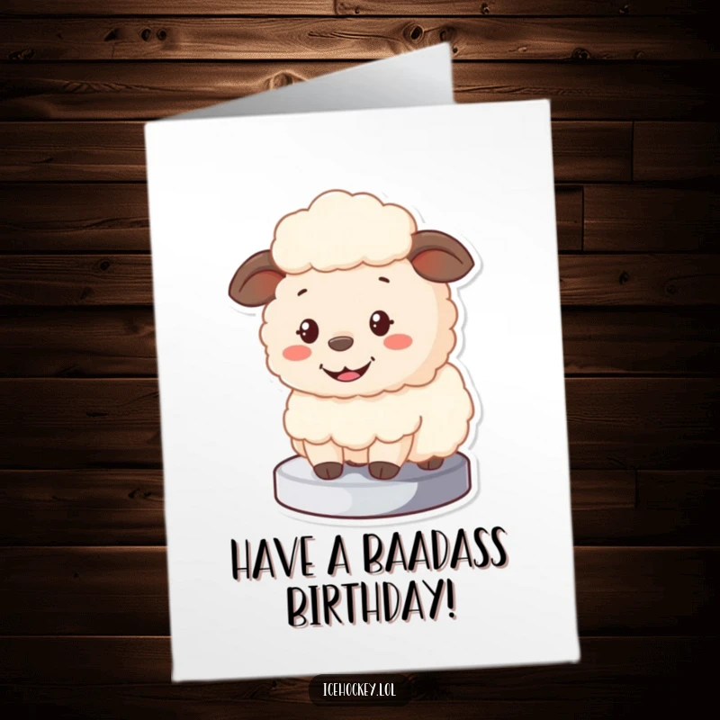 Funny Free Printable Birthday Card: A fluffy sheep happily blocks a hockey puck, celebrating a birthday save with a big smile.