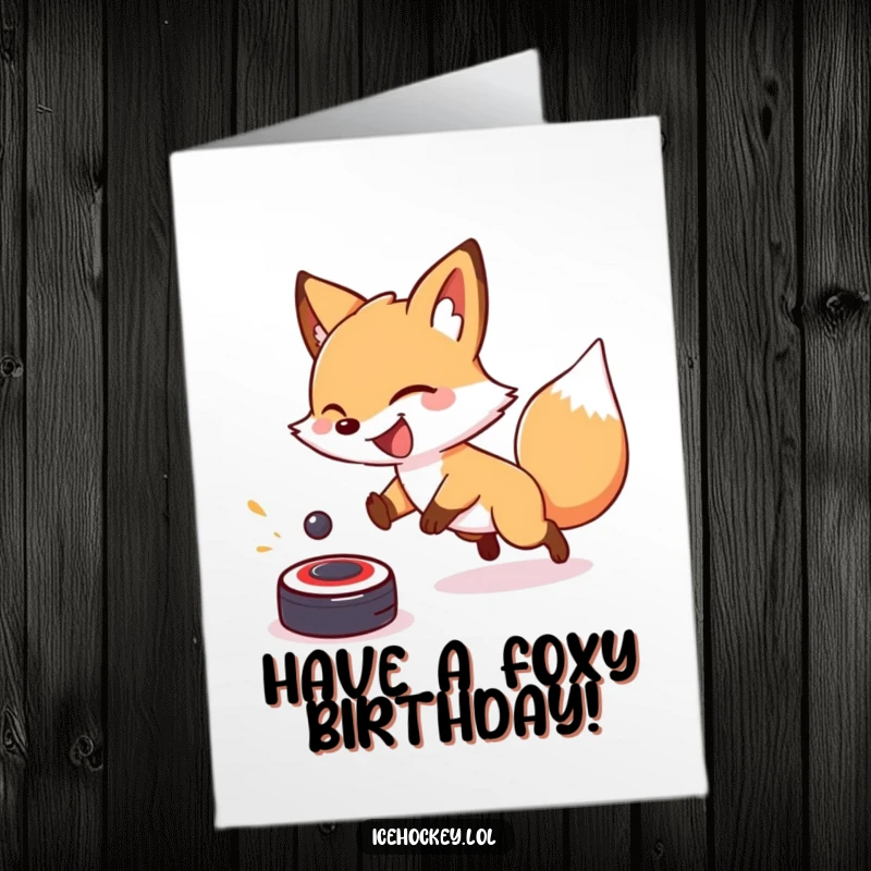 Funny Free Printable Birthday Card: A giggling fox with a mischievous grin excitedly chases a bouncing hockey puck, ready for fun.