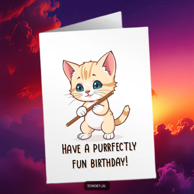 Funny Free Printable Birthday Card: A wobbly kitten attempts to block a hockey shot with its stick, looking determined yet cute.