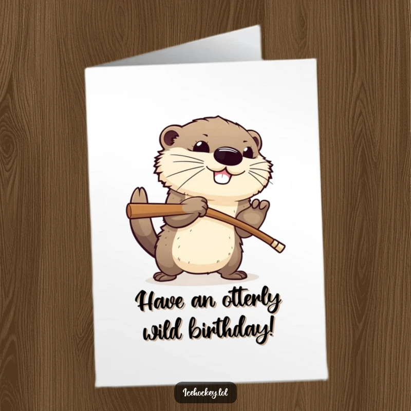 Funny Free Printable Birthday Card: happy, fluffy otter aggressively checking an opponent with a hockey stick.
