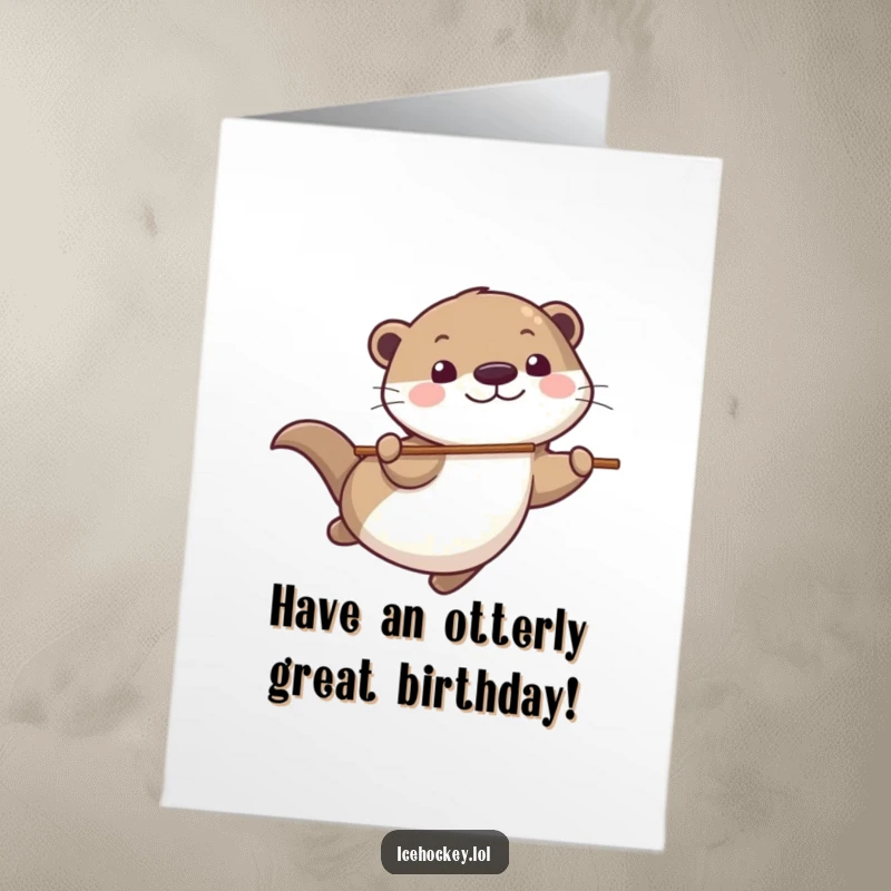 Funny Free Printable Birthday Card: Playful otter gliding smoothly, stick in tow, with a wide, happy grin.