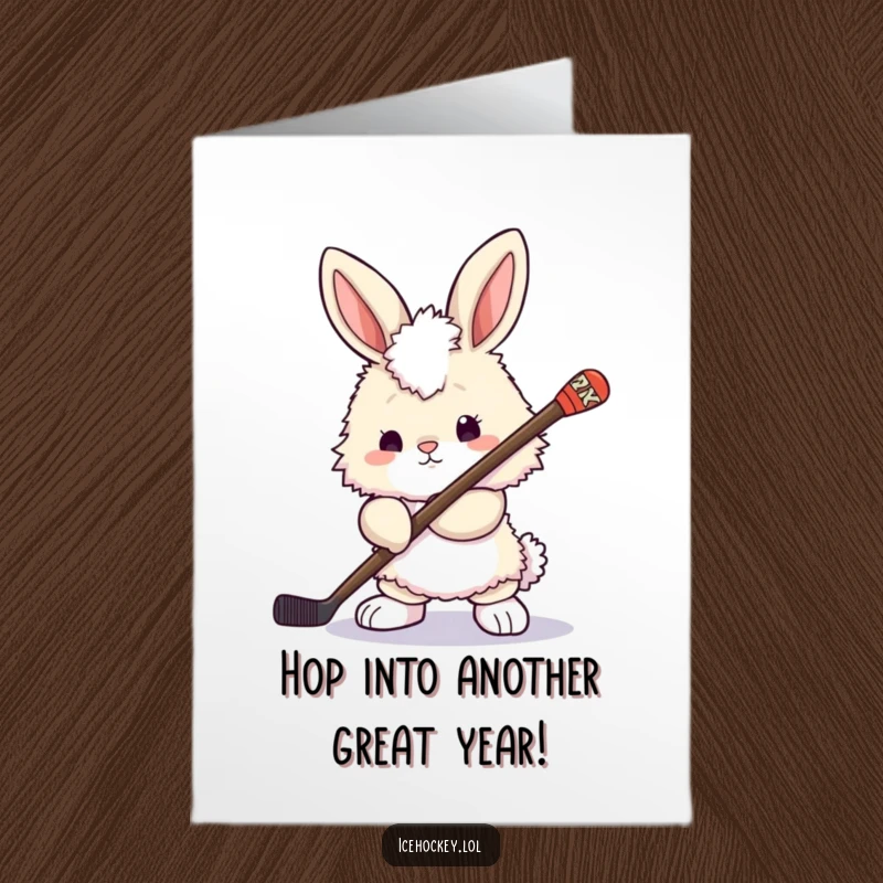 Funny Free Printable Birthday Card: A fluffy bunny grips a hockey stick, looking determined and ready to play, perfect for sports fans.