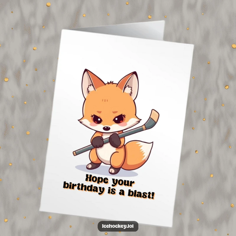 Funny Free Printable Birthday Card: Shy fox nervously clutching its hockey stick, ready for the game.