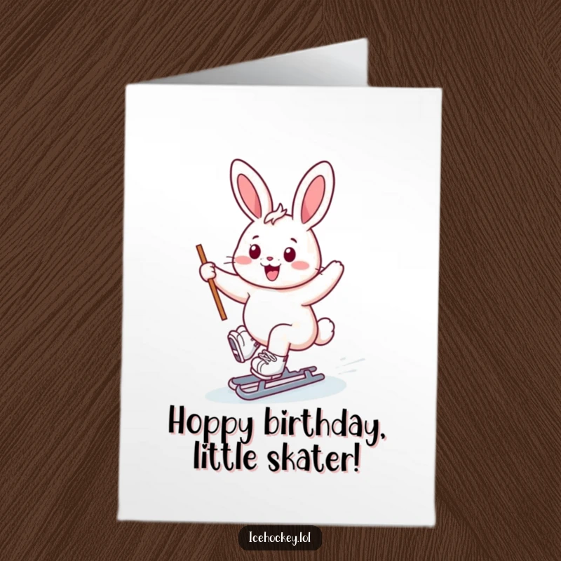 Funny Free Printable Birthday Card: Cheerful bunny sliding on ice skates, stick held high, smiling brightly for birthday.