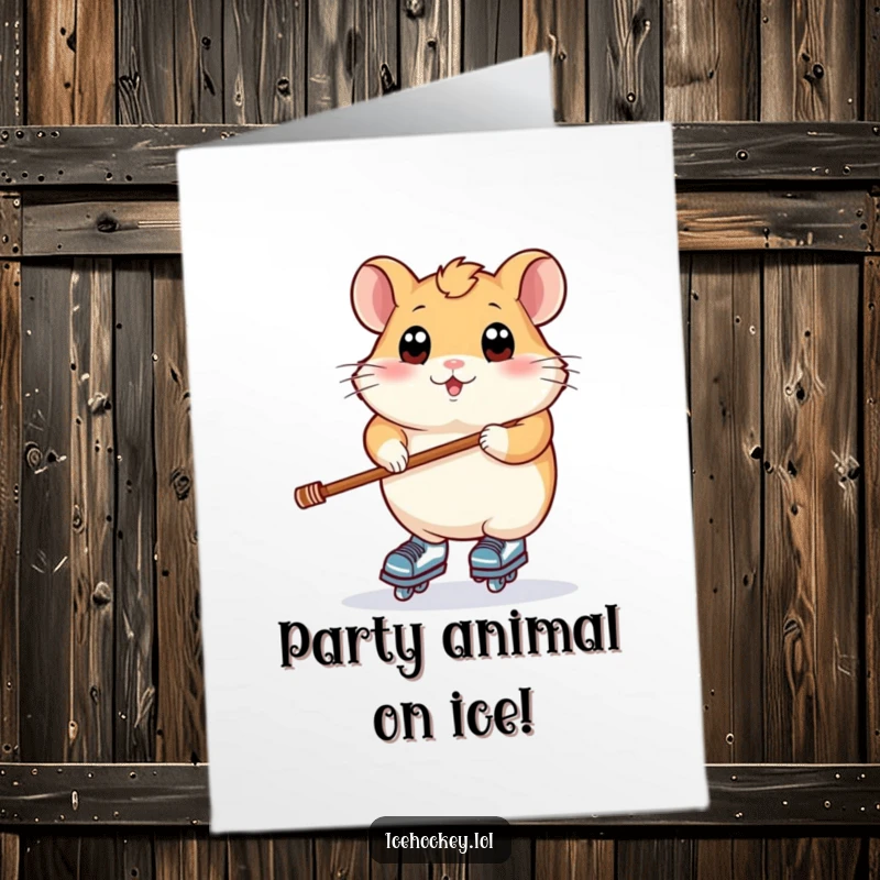 Funny free printable birthday card: a plump hamster with wide eyes wobbling precariously on skates while holding a hockey stick.