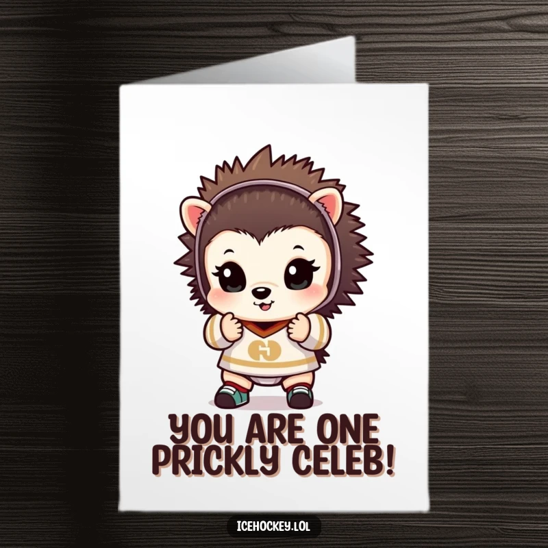 Funny free printable birthday card: a tiny hedgehog in a goalie outfit, hands up defensively, ready to block birthday wishes.