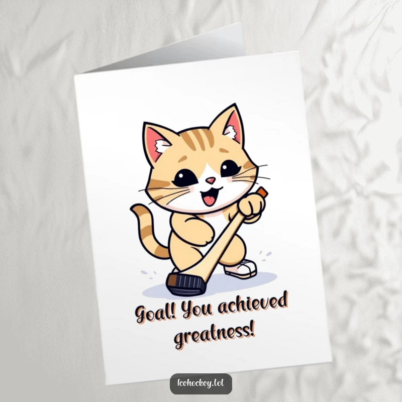 Funny Free Printable Congratulations Card featuring a proud cat attempting a powerful slap shot with a hockey puck.