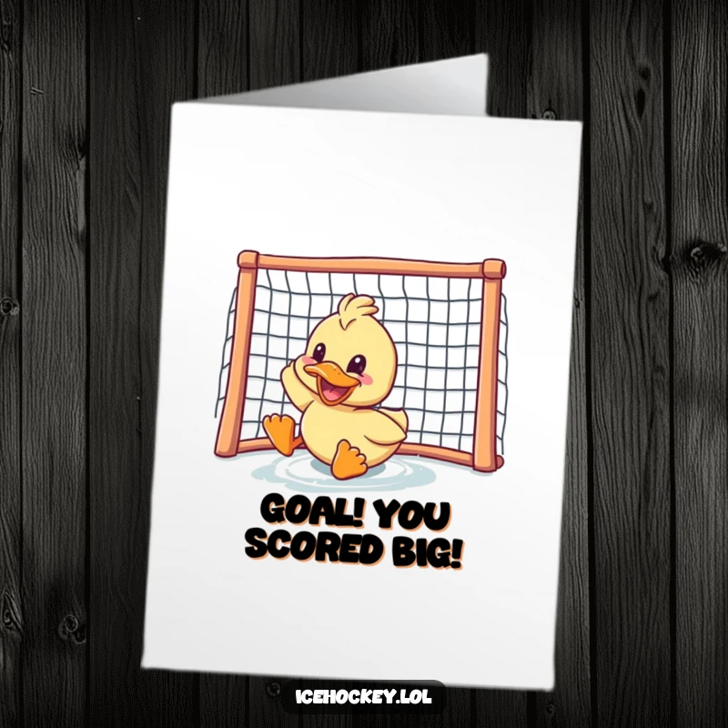 Funny Free Printable Congrats Card: A delighted duck slides joyfully towards the net, grinning after scoring the winning goal.