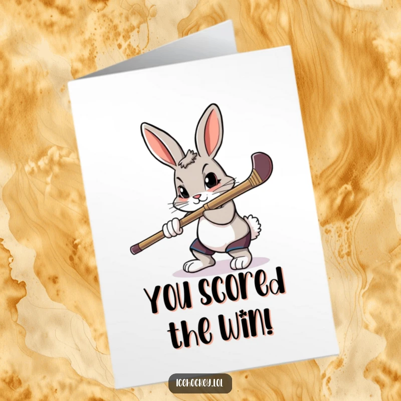 Funny free printable congratulations card: A determined rabbit aims a hockey stick with intense focus, celebrating a victory.