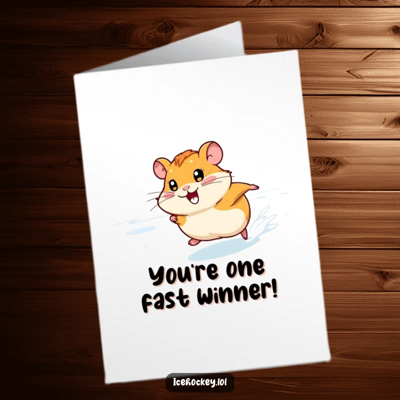 Funny Free Printable Congratulations Card: A smiling hamster ice skating, racing across the frozen surface.