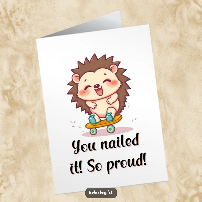Funny Free Printable Congrats Card: A giggling hedgehog celebrates success with a wobbly but triumphant skate turn, full of joy.