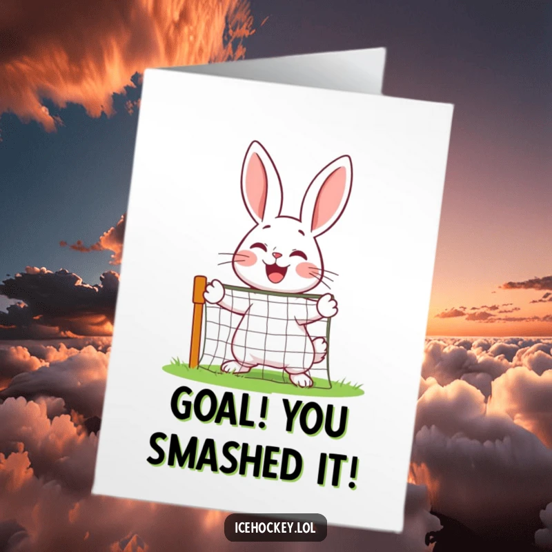 Funny Free Printable Congrats Card: Joyful Rabbit Goalie Fiercely Defending a Miniature Net, Celebrating a Victory