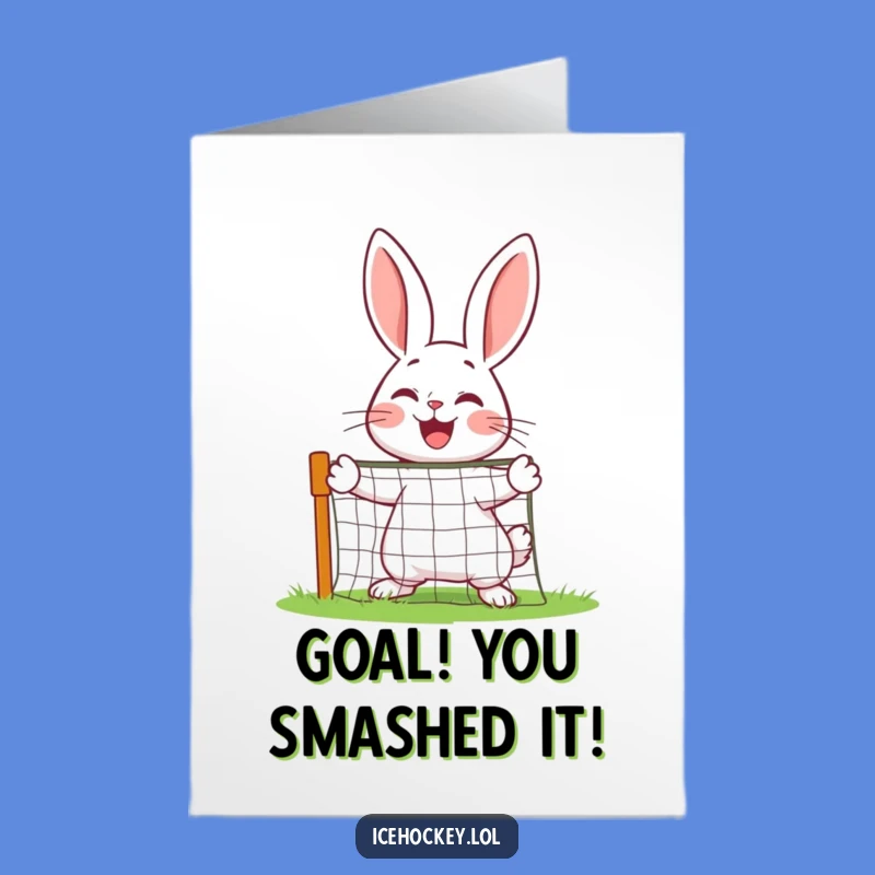Free Printable Congrats Card: Happy Rabbit Goalie Saving the Day Downloadable Gift