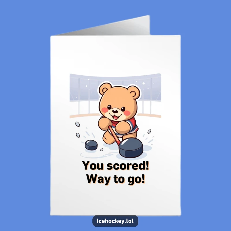 Free Printable Congrats Card: Hockey Bear Shooting Puck, Celebrate Goals