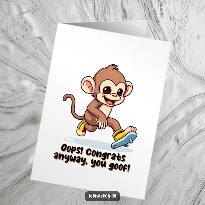 Funny Free Printable Congrats Card: Mischievous monkey tripping over its own skates while celebrating, a unique greeting