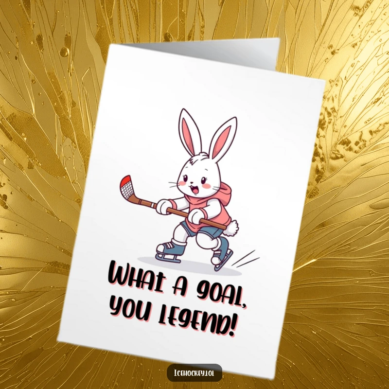 Funny Free Printable Congratulations Card: A skilled bunny ice skates with a hockey stick, ready to score.
