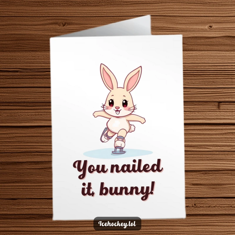 Funny Free Printable Congratulations Card: Determined bunny in skates, celebrating victory with a speedy, icy slide.