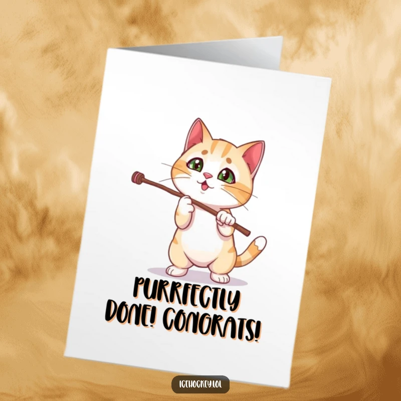 Funny Free Printable Congratulations Card: A curious cat attempts a fancy stick trick, celebrating their big win hilariously.