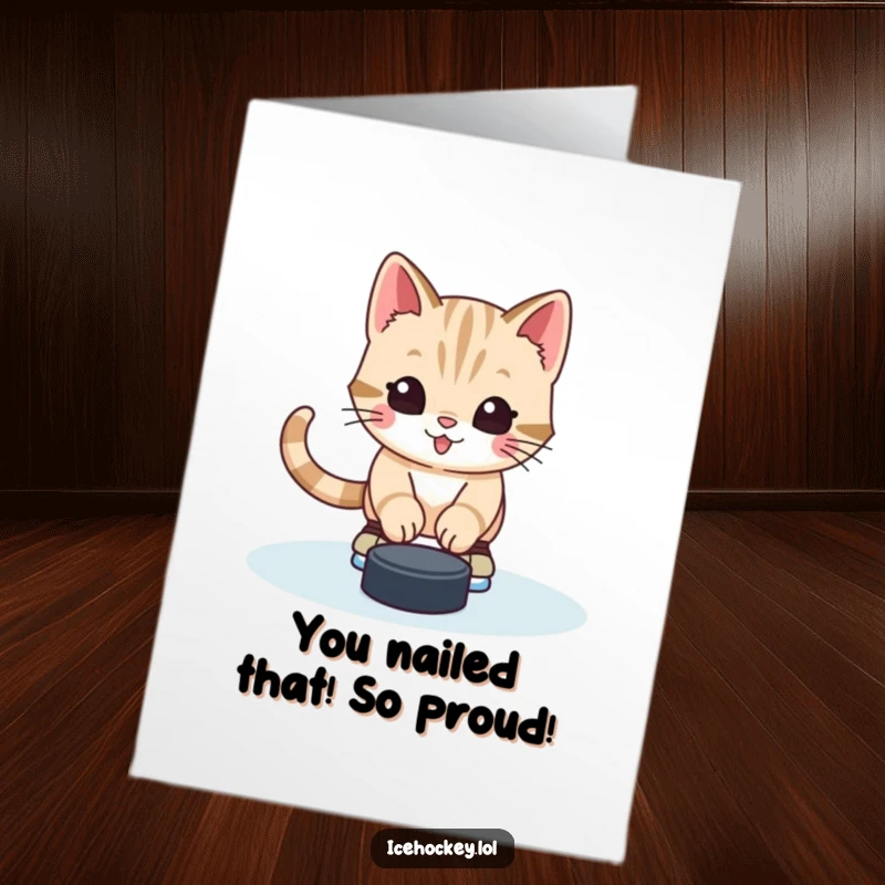 Funny Free Printable Congratulations Card: Cute happy kitten goalie alertly stopping a hockey puck with skates, celebrating a win.