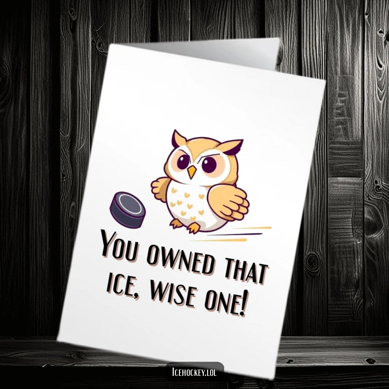 Funny Free Printable Congratulations Card: Proud owl sliding swiftly with a puck, celebrating a major achievement.