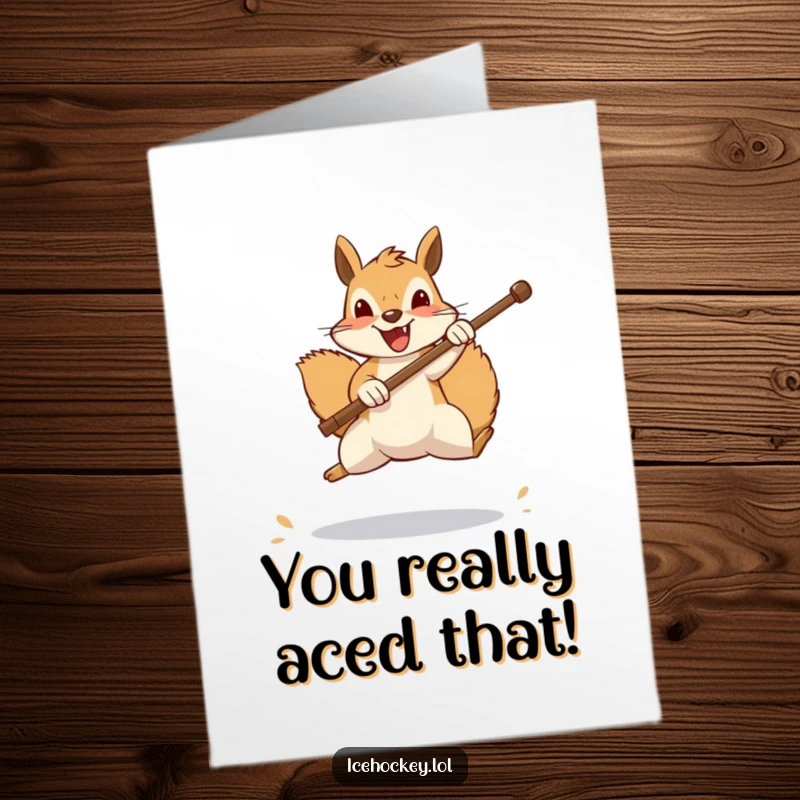 Funny Free Printable Congratulations Card: Cheerful squirrel mid-leap, blocking a shot with a stick, celebrating victory.