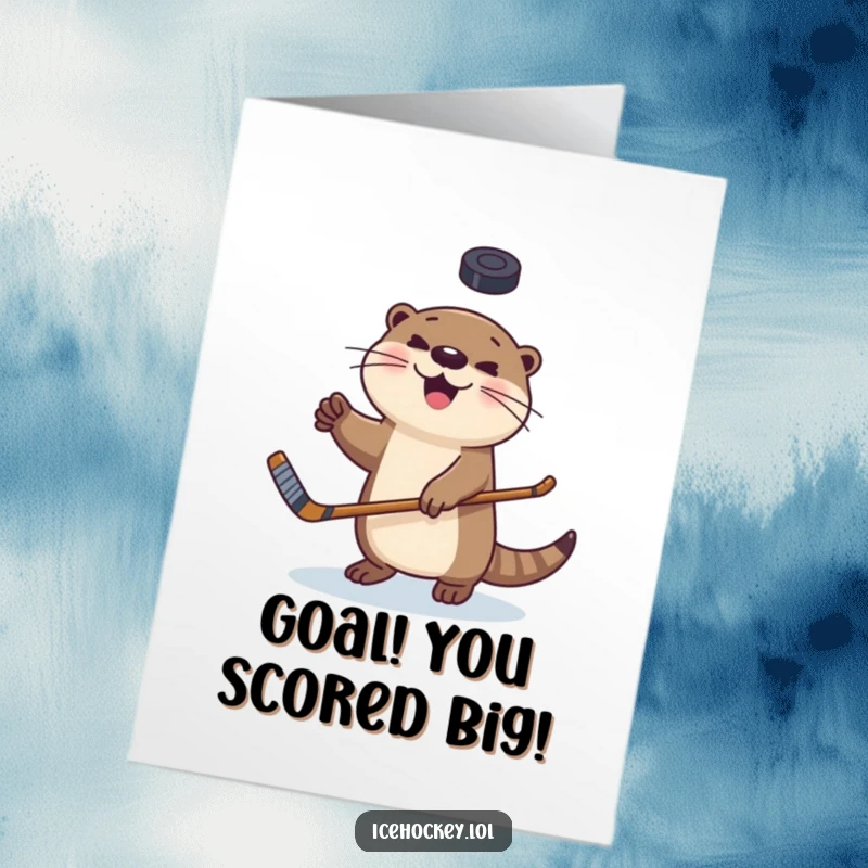 Funny Free Printable Congratulations Card: A happy otter skillfully juggles a hockey puck, celebrating achievement with impressive stick handling.