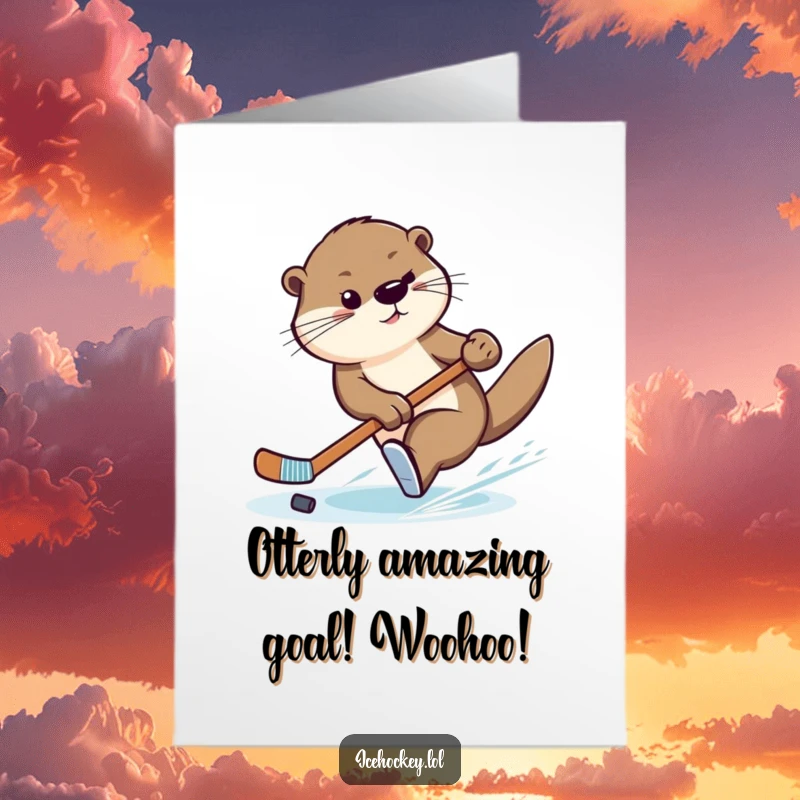 Funny free printable congratulations card: a graceful otter performing a swift hockey turn, celebrating a major victory.