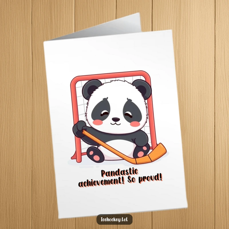 Funny free printable congratulations card: a content panda cub looking utterly confused by the presence of a hockey net.