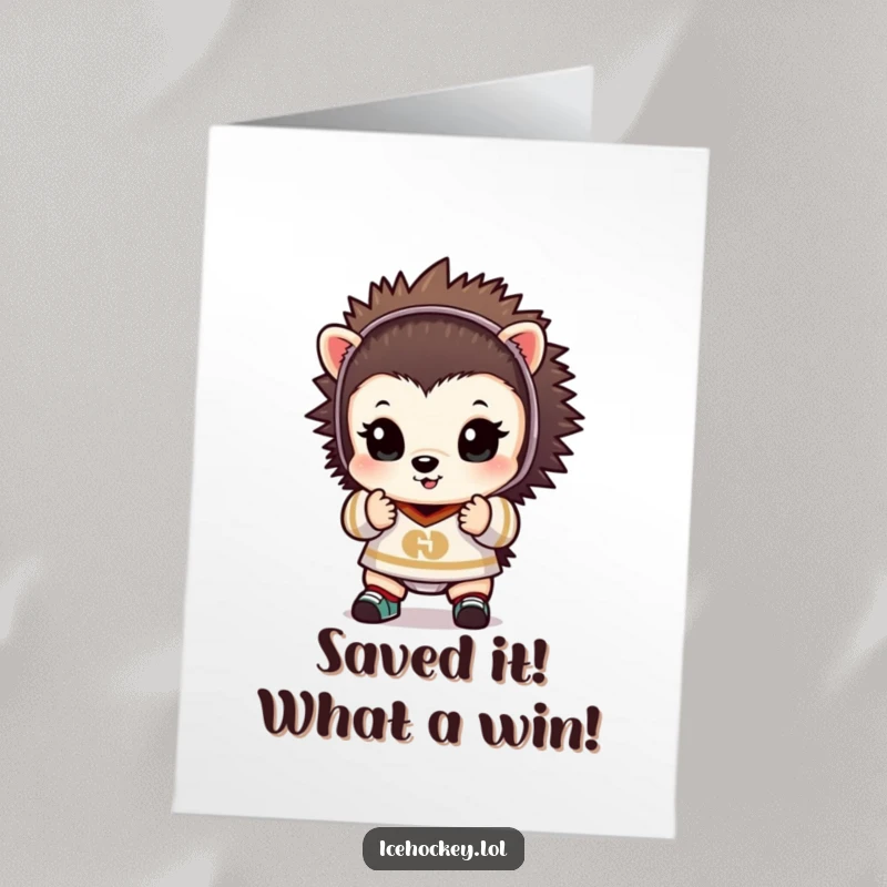 Funny free printable congratulations card: a tiny hedgehog in a goalie outfit, hands up, celebrating a major victory.