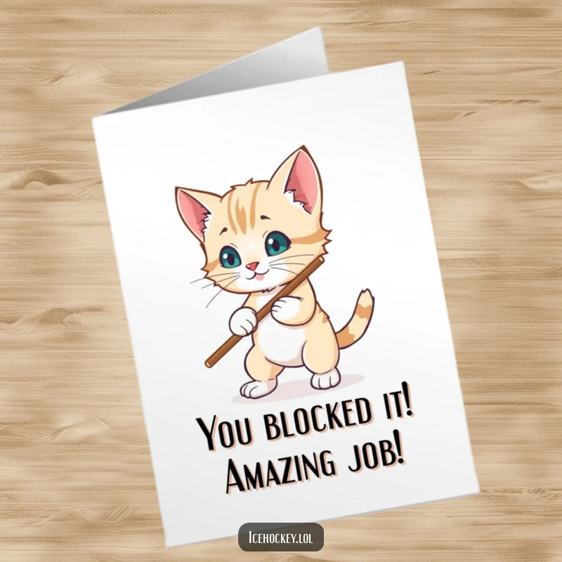 Funny Free Printable Congratulations Card: A wobbly kitten goalie uses its stick to try and block a hockey puck, full of effort.
