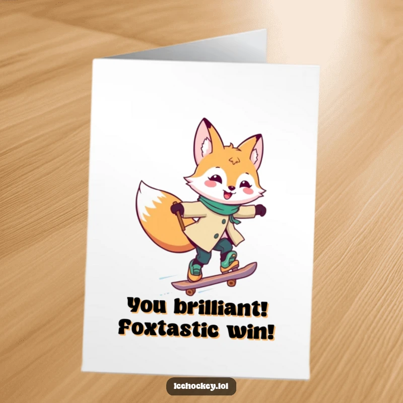 Funny Free Printable Congratulations Card: Joyful fox speeding across ice, stick held high in a celebratory pose.