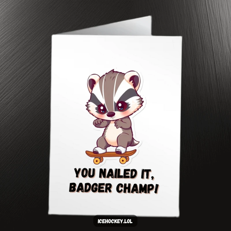 Funny Free Printable Congratulations Card: A brave badger skates with fierce focus, celebrating your win.