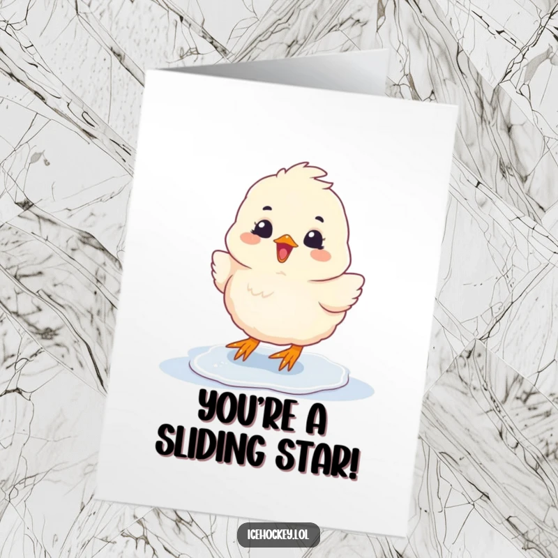 Funny Free Printable Congratulations Card: A fluffy chick slides on ice with pure glee, celebrating your success.