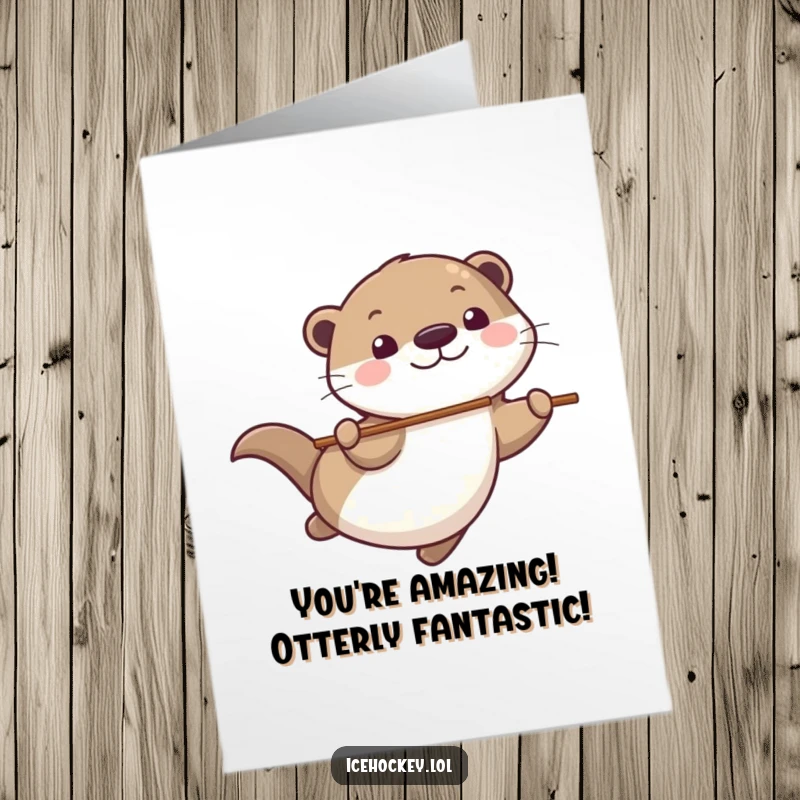 Funny Free Printable Congratulations Card: Playful otter gliding with a hockey stick, celebrating success with a big grin.